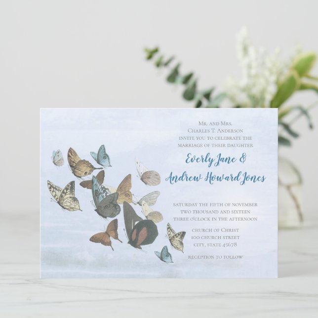 Bleu Copper Faire-part de mariage papillon Or (Debout devant)