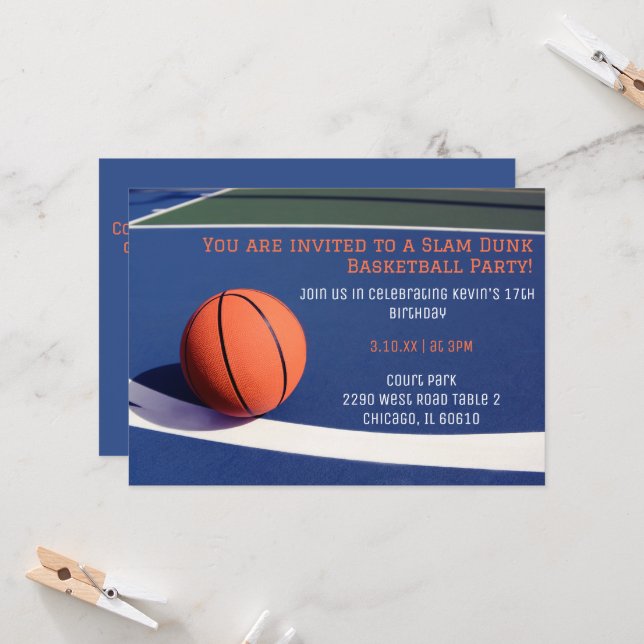 Bleu cour basket invitations anniversaire (Devant/Arrière en situation)