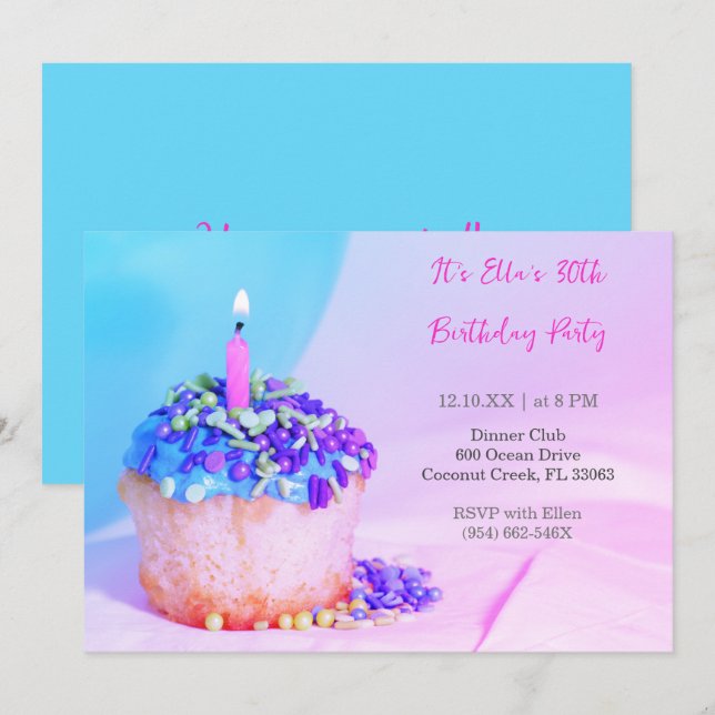Bleu Cupcake Colorful 30e anniversaire invitation (Devant / Derrière)