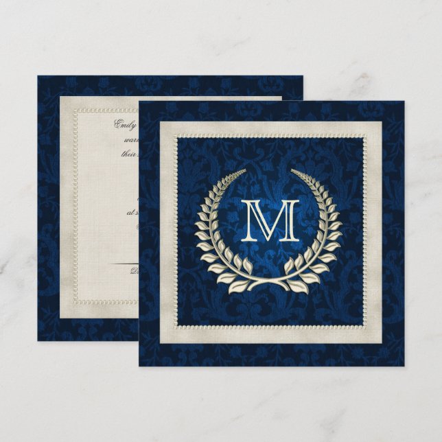 Bleu damas et perles faire-part de mariage (Devant / Derrière)