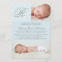 Bleu Damask Monogramme Baptême Photo Invitation