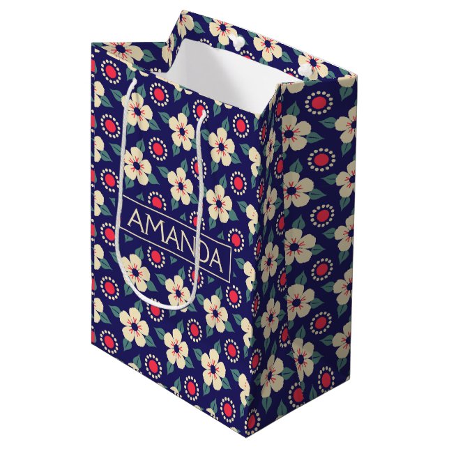 Bleu de marine avec Fleurs de crème Sac cadeau (Devant Angle)