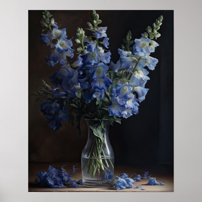 Bleu Delphinium Fleurs Art Imprimer Poster (Devant)