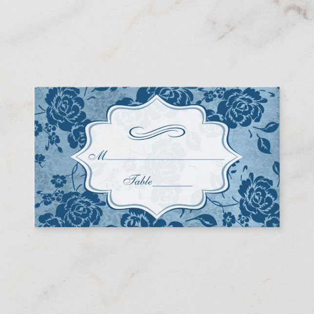 Bleu Duché, Blanc Floral Damask Cartes de Place (Devant)