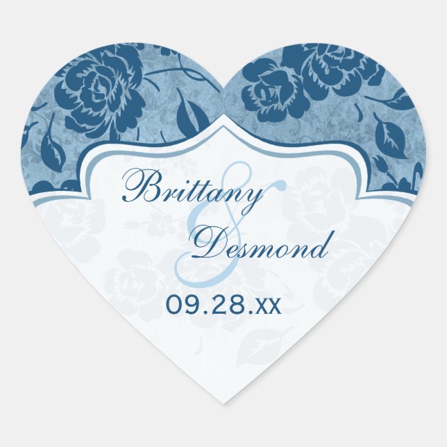 Bleu Duché, Blanc Floral Mariage Favoriser Sticker (Devant)