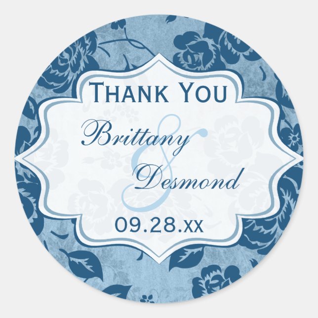 Bleu Duché, Blanc Floral Mariage Favoriser Sticker (Devant)