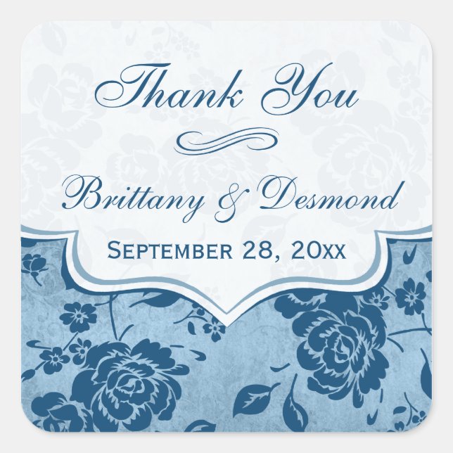 Bleu Duché, Blanc Floral Mariage Favoriser Sticker (Devant)
