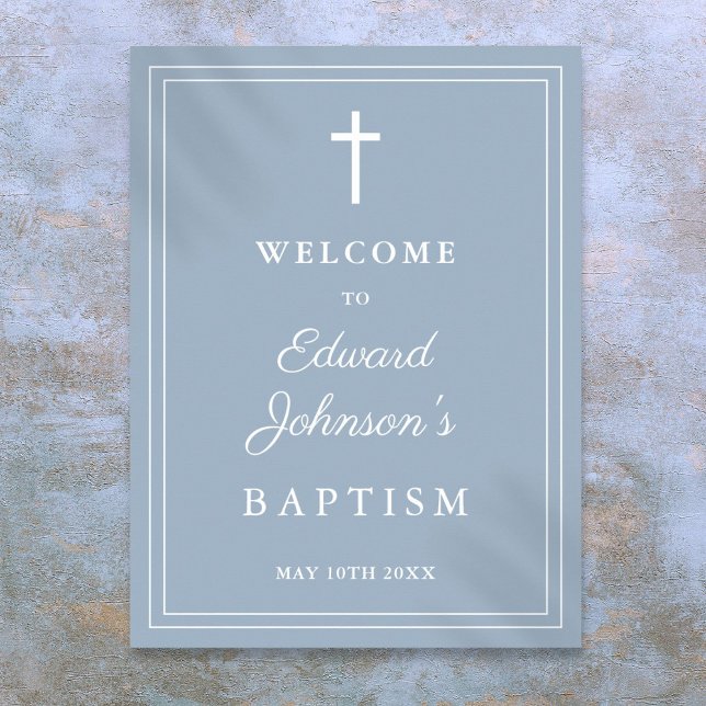 Bleu Dusty Elegant Bordure Baptême Affiche de bien (Dusty Blue Elegant Border Baptism Welcome Sign)