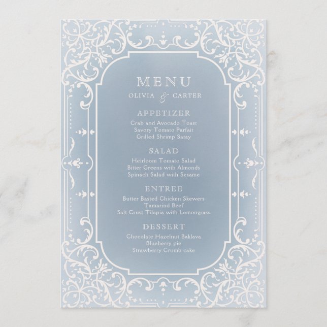 Bleu Dusty élégant menu de mariage romantique (Devant)