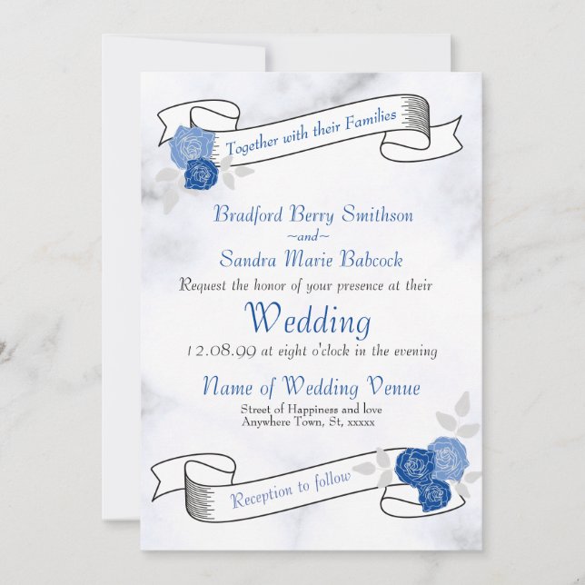 Bleu Élégant blanc gris floral Invitation coeur (Devant)