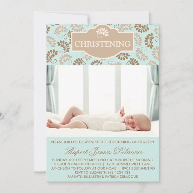 Bleu Elegant Floral Christening Photo invitation (Devant)