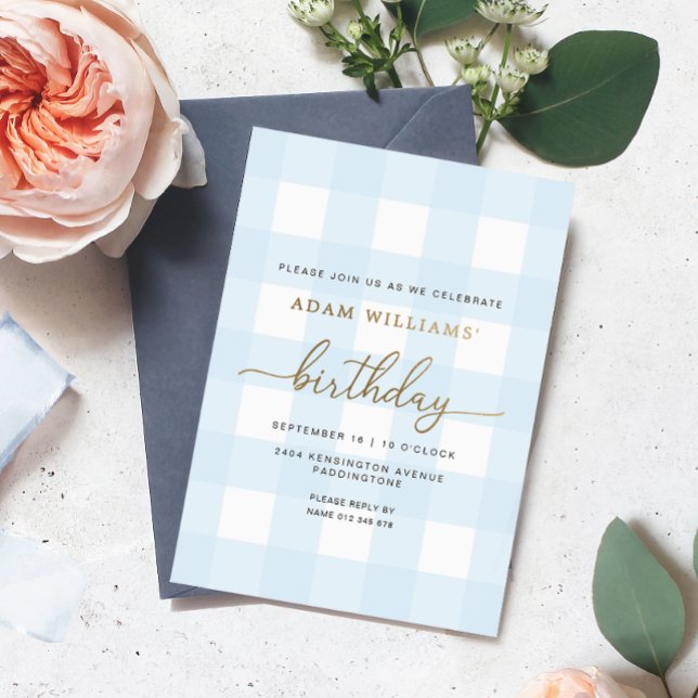Bleu En vichy Anniversaire Gold Foil Invitation (Créateur téléchargé)