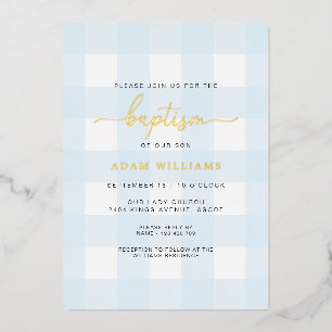 Bleu En vichy Baptême Gold Foil Invitation