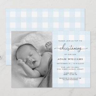 Bleu En vichy Photo Christening Invitation