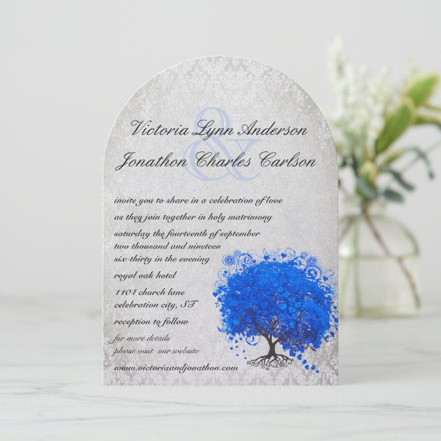 Bleu et Argent Faire-part de mariage de feuilles d (Debout devant)