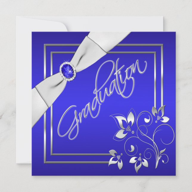 Bleu et Argent Floral Photo Graduation Invitation (Devant)