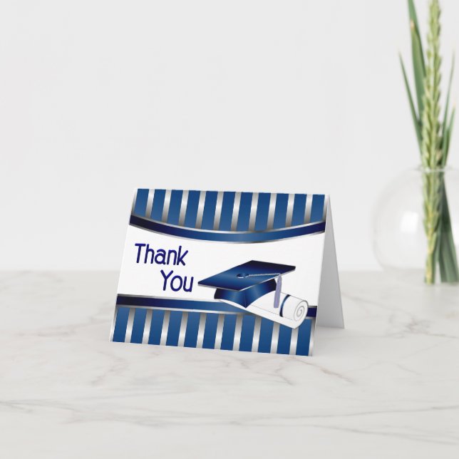 Bleu et Argent rayé Graduation Merci Cartes (Devant)