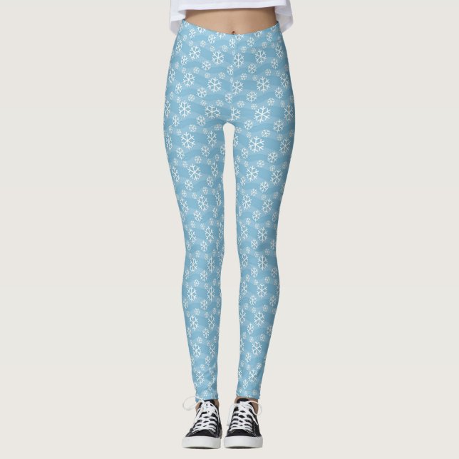 Bleu et blanc Hiver Snowflakes Leggings (Devant)