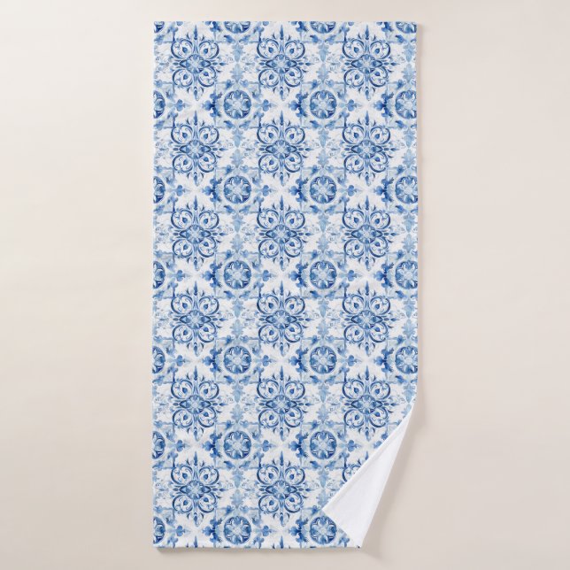 Bleu et blanc Italien aquarelle carreaux motif (Serviette de bain)