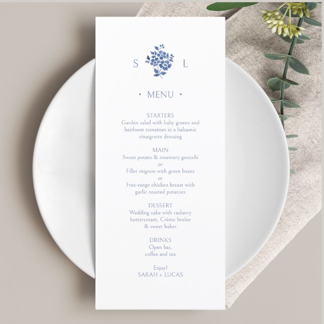 Bleu et blanc | Menu Mariage plat Monogramme flora (Créateur téléchargé)