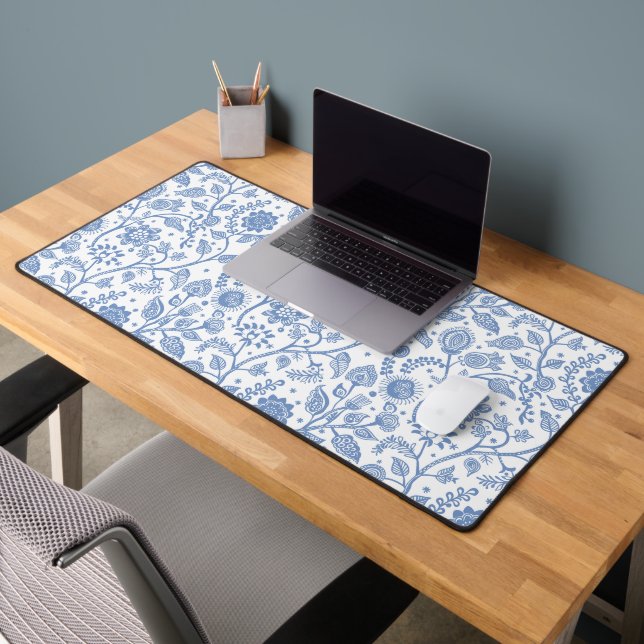 Bleu et Blanc Motif Botanique Floral Fantaisiste (Bureau 2)