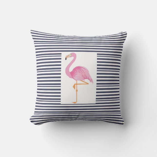 Bleu et blanc rayures coussin flamingo (Recto)