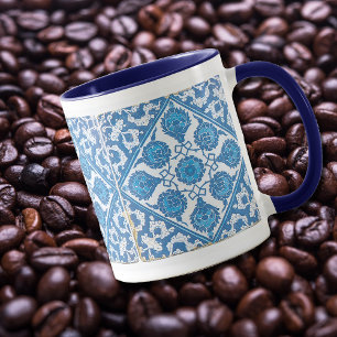 Bleu et blanc Vintage Floral Faux Tile Café Mug