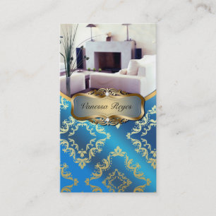 Bleu et carte de visite de photo de damassé d'or