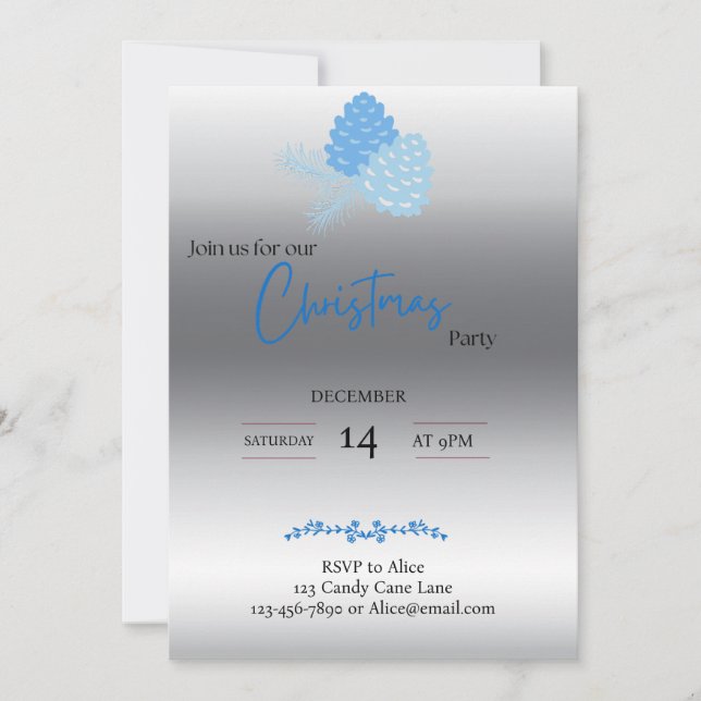 Bleu et cône de pin argenté Noël Invitation (Devant)