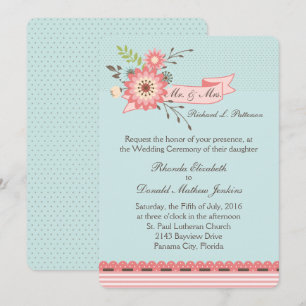 Bleu et Corail Faire-part de mariage florale