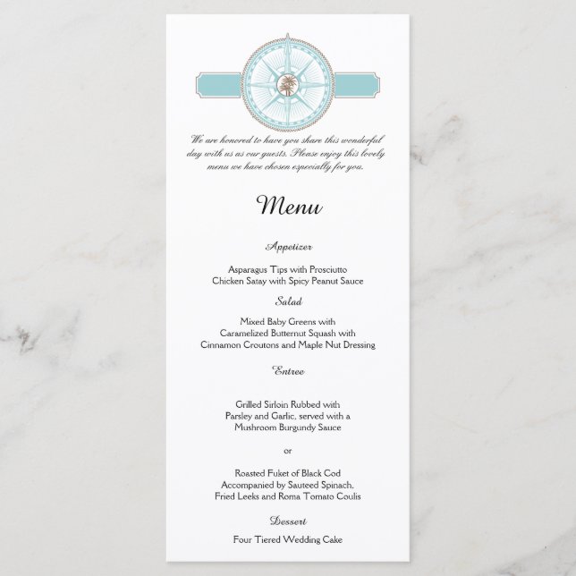Bleu et Gold Compass Rose Beach Wedding Menu (Devant)