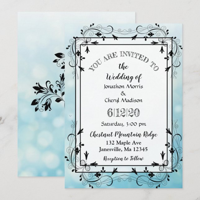 Bleu et noir Arbre décoratif Invitations de mariag (Devant / Derrière)