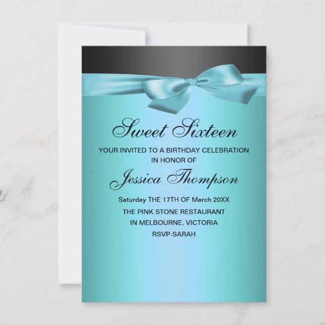 Bleu et noir Bow Sweet 16 Anniversaire Invitation (Devant)