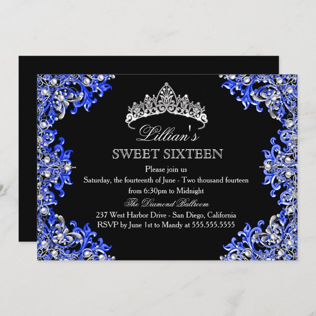 Bleu et noir Damas Tiara Sweet 16 Invitation (Devant / Derrière)