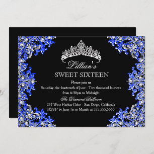Bleu et noir Damas Tiara Sweet 16 Invitation