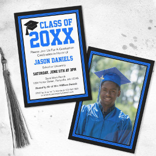 Bleu et noir Photo Graduation Party Invitation