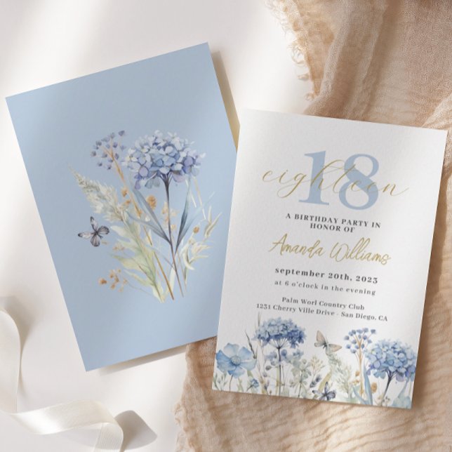 Bleu et or Botanique 18ème anniversaire Invitation (Créateur téléchargé)