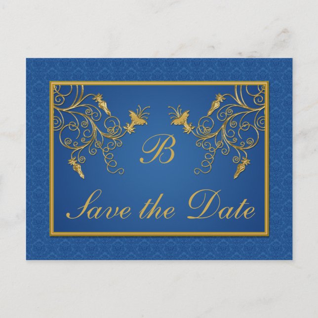 Bleu et or Floral Damask Enregistrer la carte Date (Devant)