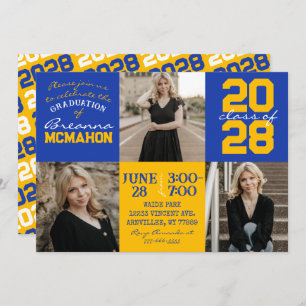 Bleu et or Graduation 3 Photo Collage Invitation
