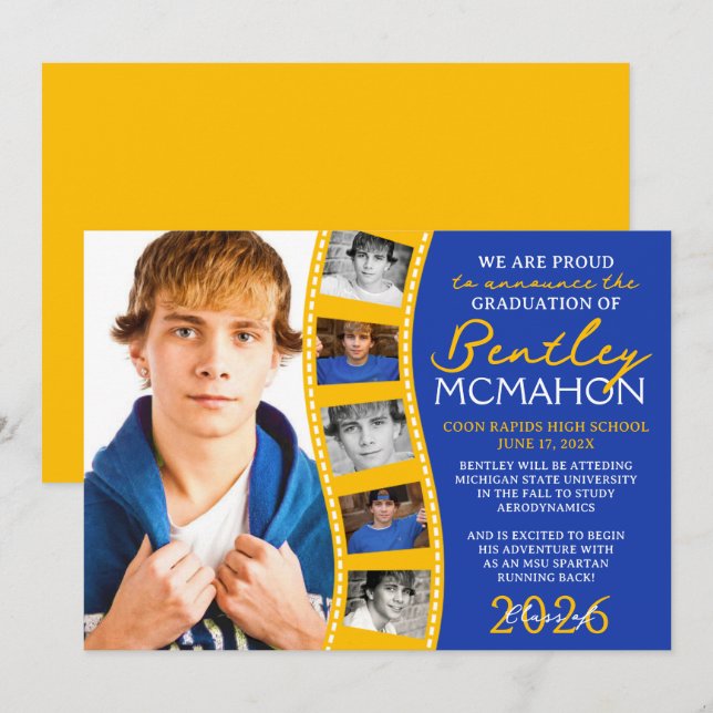 Bleu et or Photo Filmstrip Grad Faire-part (Devant / Derrière)