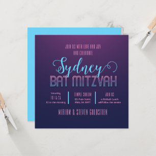 Bleu et rose Neon Bat Bar Mitzvah Party Invitation