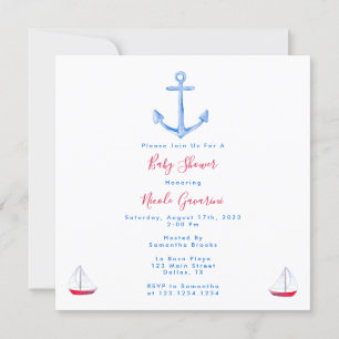 Bleu Et Rouge Nautique Bébé Douche Invitations
