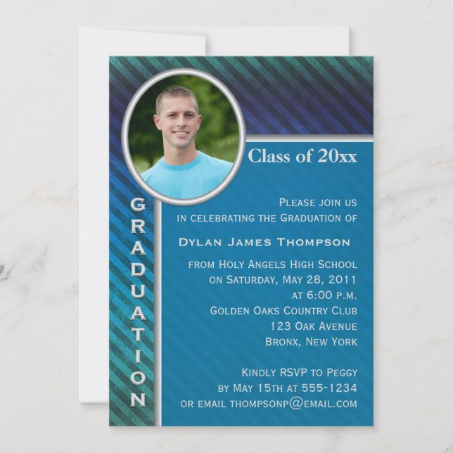 Bleu et Vert Bande Photo Invitation de graduation (Devant)