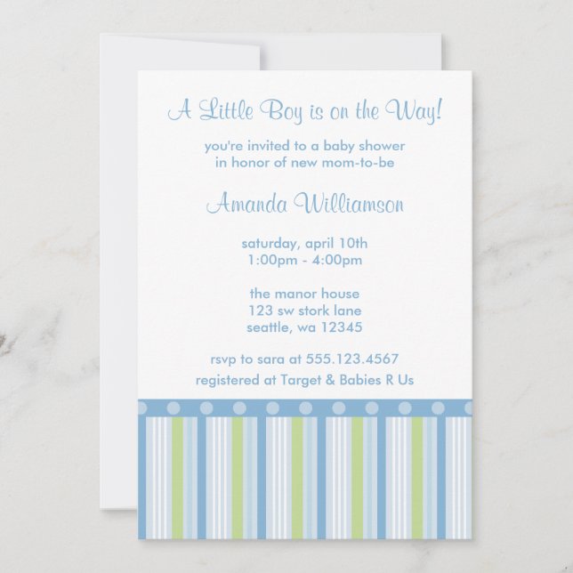 Bleu et vert Bébé Bébé Boy Douche Invitations (Devant)