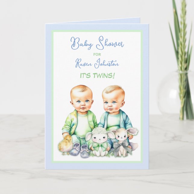 Bleu et vert Twin Boys Baby Shower Invitations (Devant)