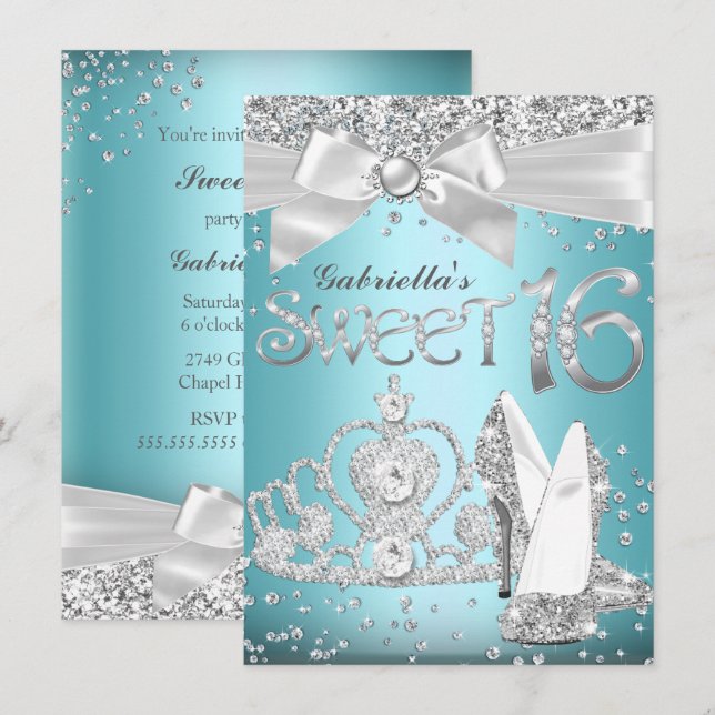 Bleu étincelle Tiara & talons doux 16 Invitation (Devant / Derrière)