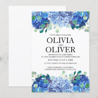 bleu faire-part de mariage hydrangea eucalyptus ve