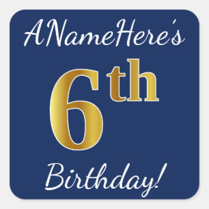 Bleu, Faux Or 6e anniversaire + Autocollant de nom