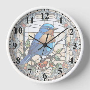 Bleu Faux Verre Tiré Bleu Horloge Oiseau