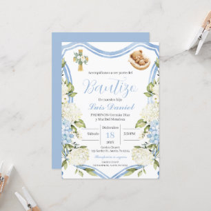 Bleu fleuri garçon baptême invitation Espagnol